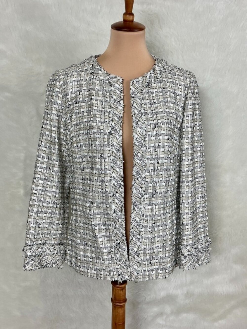 Lafayette 148 Ivory Black Tweed Fringe Open Front Cotton Blend Blazer US 10
